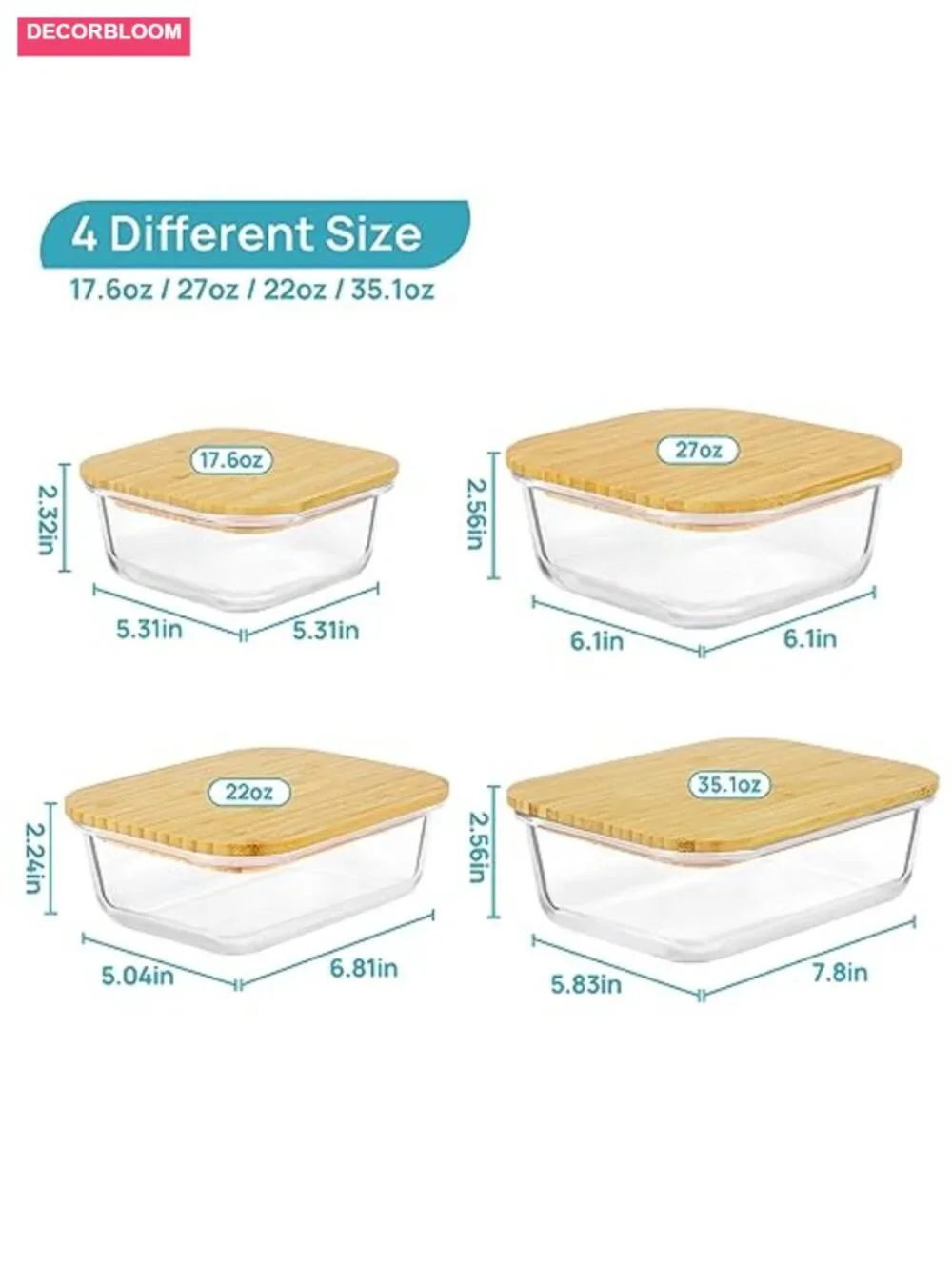 4pc Glass Food Storage Containers with Bamboo Lids, Meal Prep, Microwave & Oven